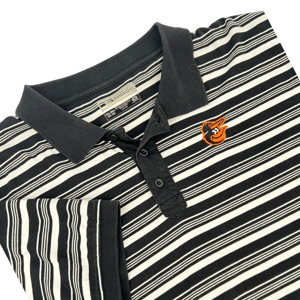 True Fan Baltimore Orioles MLB Polo Shirt Mens 2XL Black White Striped Golf Tee